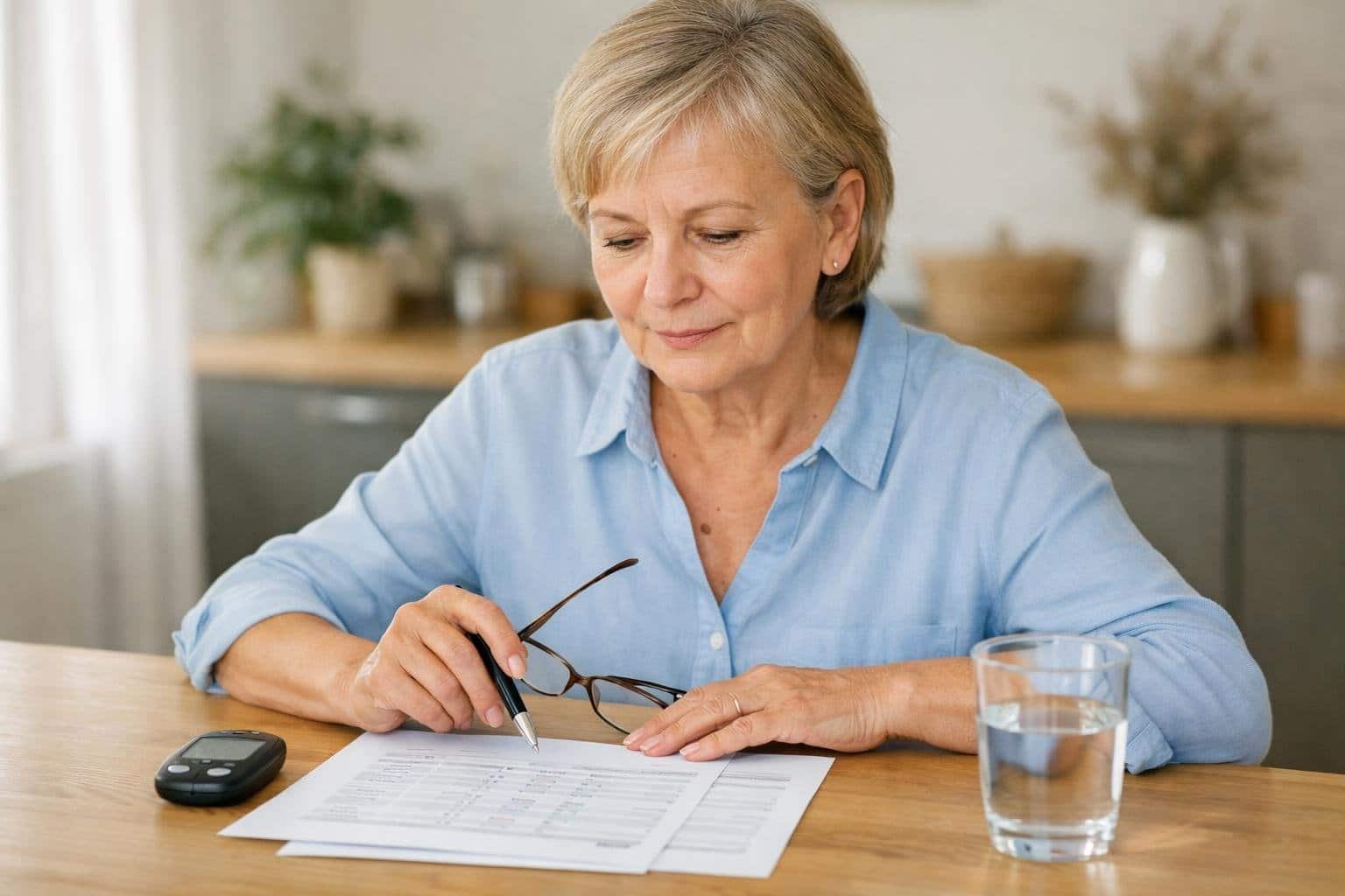 Professionnel de santé expliquant des analyses de mesure du glucose à un patient dans un cabinet lumineux